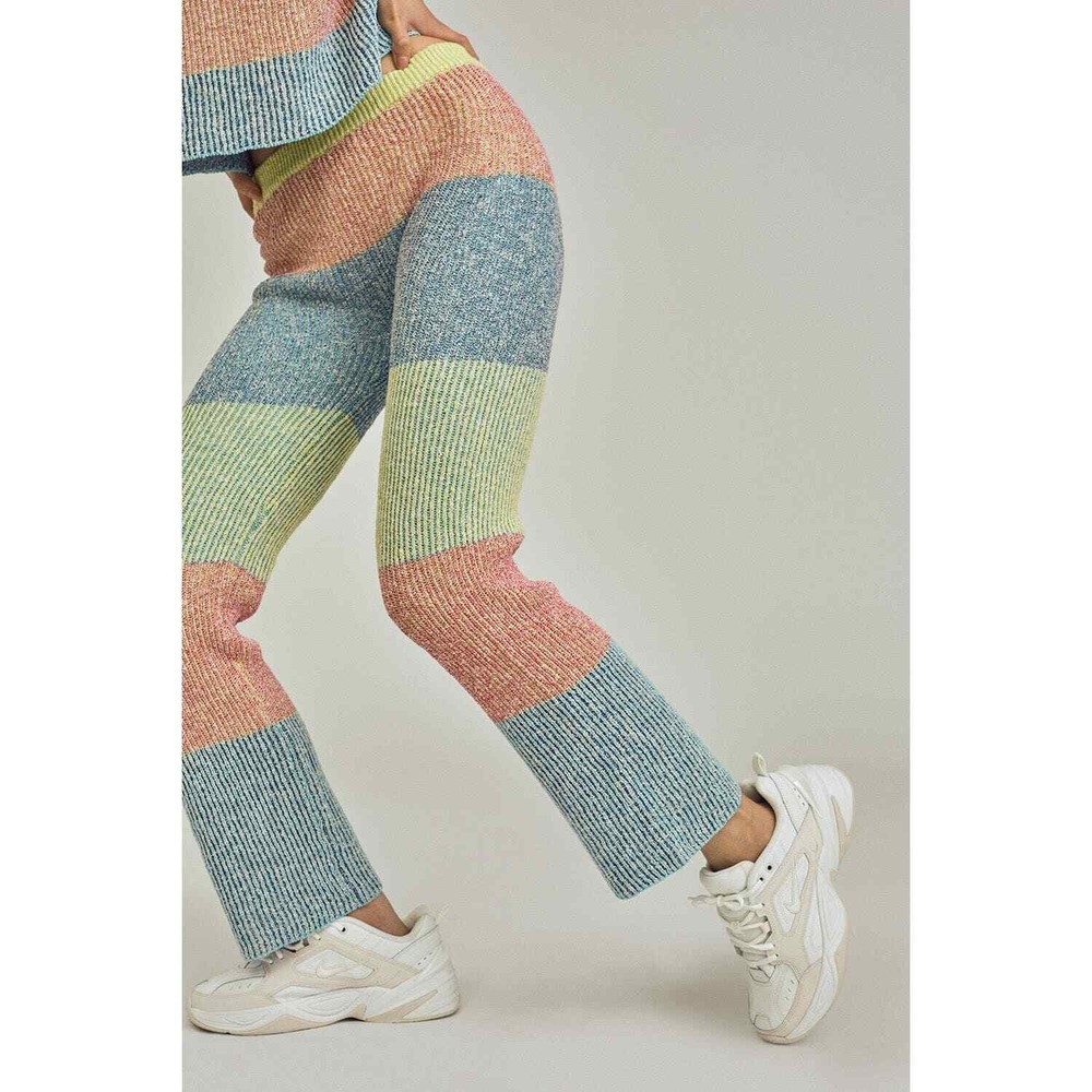 YANYAN KNITS Sweater Pant Women Large Colorblock Striped Ribbed High Rise Flare - Picture 2 of 16